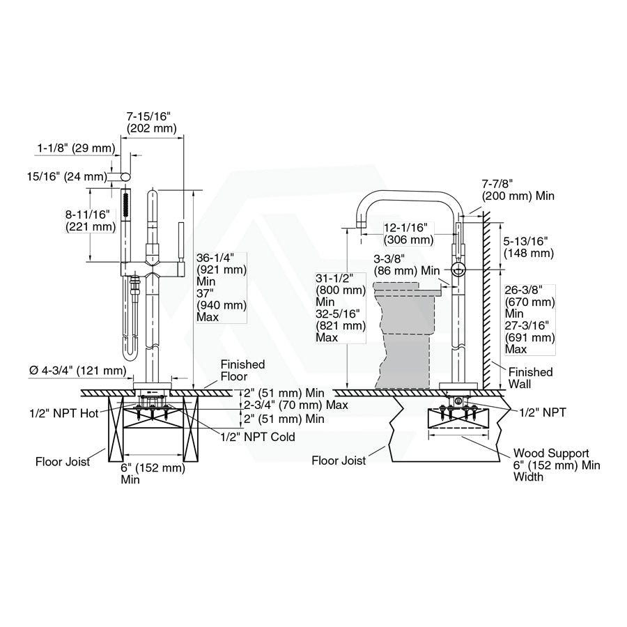 Kohler Purist Brushed Bronze Floor Mounted Tub Filler Trim With Handle Diverter And Hand Shower