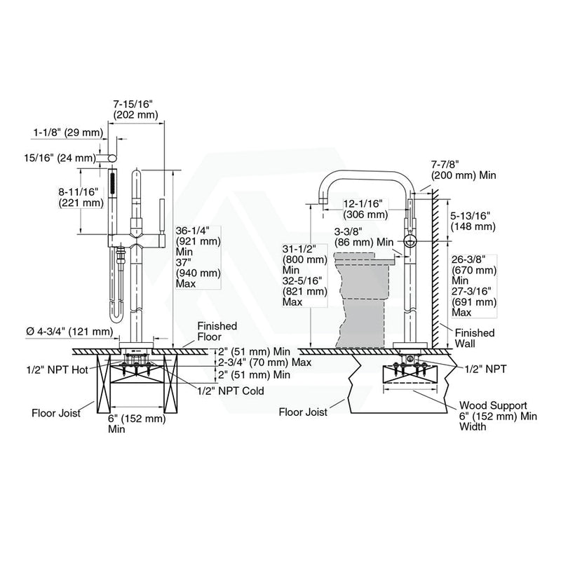 Kohler Purist Brushed Bronze Floor Mounted Tub Filler Trim With Handle Diverter And Hand Shower