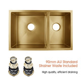 710X450X205Mm 1.2Mm Brushed Yellow Gold Handmade Round Corners Double Bowls Top/under/flush Mount