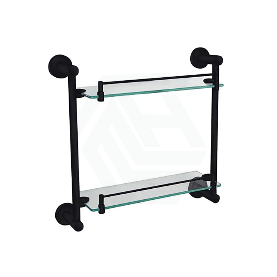 Linkware Loui Gloss Black Glass Double Shelf Solid Body Back To Wall Bathroom Shelves