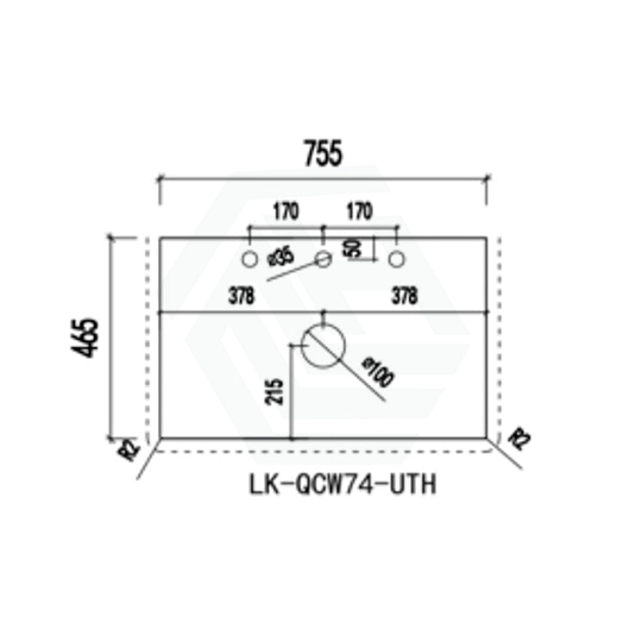 Lukka 20mm Thick Calacatta White Zero Silica Engineer Stone Top with Center Waste Hole,  12 /10/2 O'clock Semi Drilled Tap Hole Available 605-1505mm