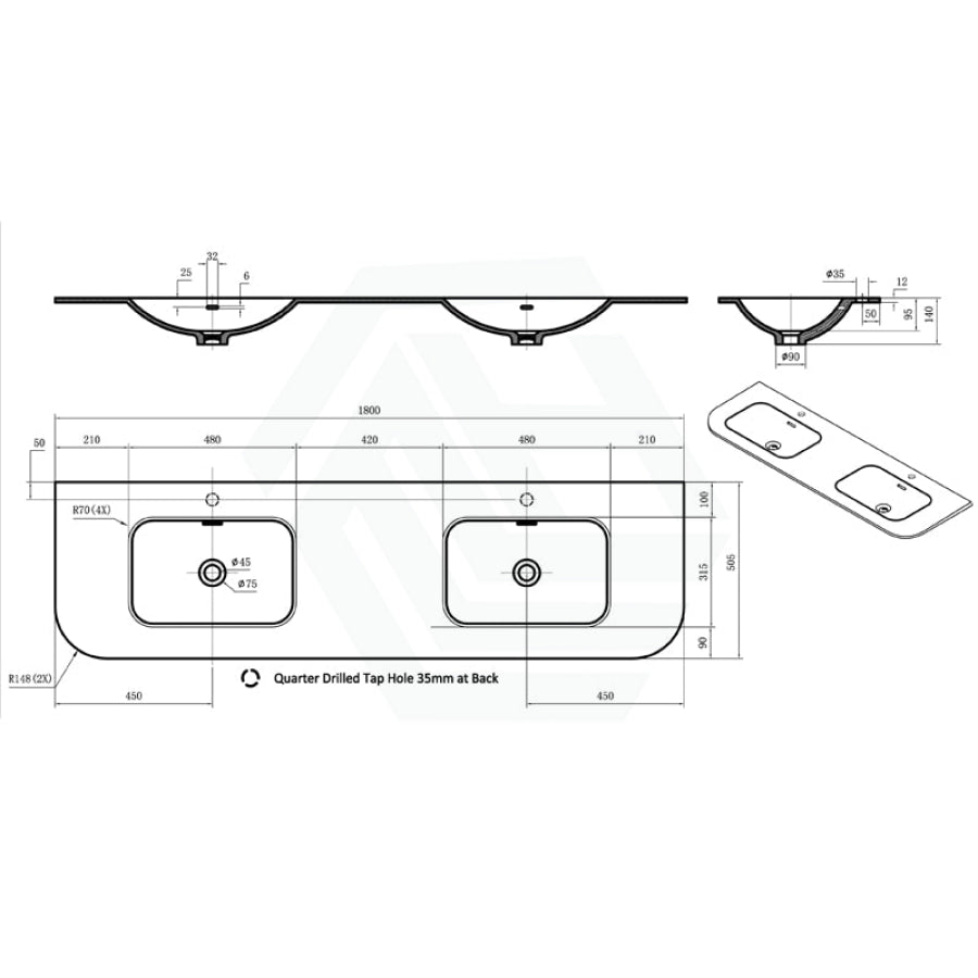 Lukka Aruro 505mm Width Solid Surface Stone Basin with Overflow 900-1800mm Variant Colour Available