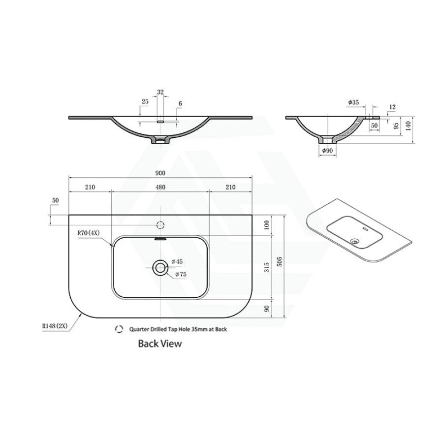 Lukka Aruro 505mm Width Solid Surface Stone Basin with Overflow 900-1800mm Variant Colour Available