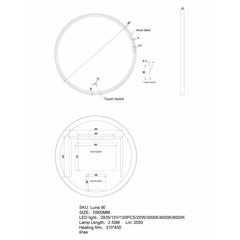 750/900mm Round Led Mirror Black Framed Defogger Pad Touch Switch