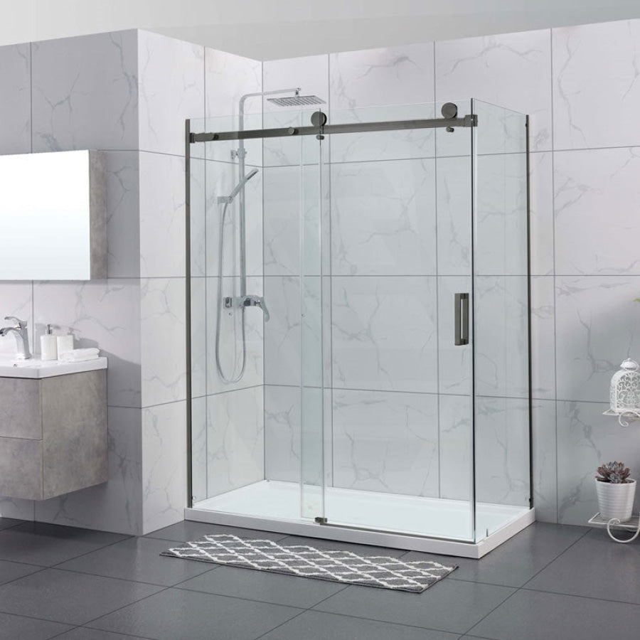 1180-2000X2000Mm Sliding Shower Screen L Shape Frameless Gunmetal Grey Square Handle 10Mm Glass