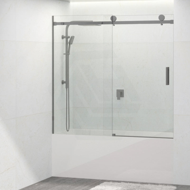 1450-1800X1600Mm Bathtub Sliding Shower Screen Wall To Frameless Square Handle Gunmetal Grey