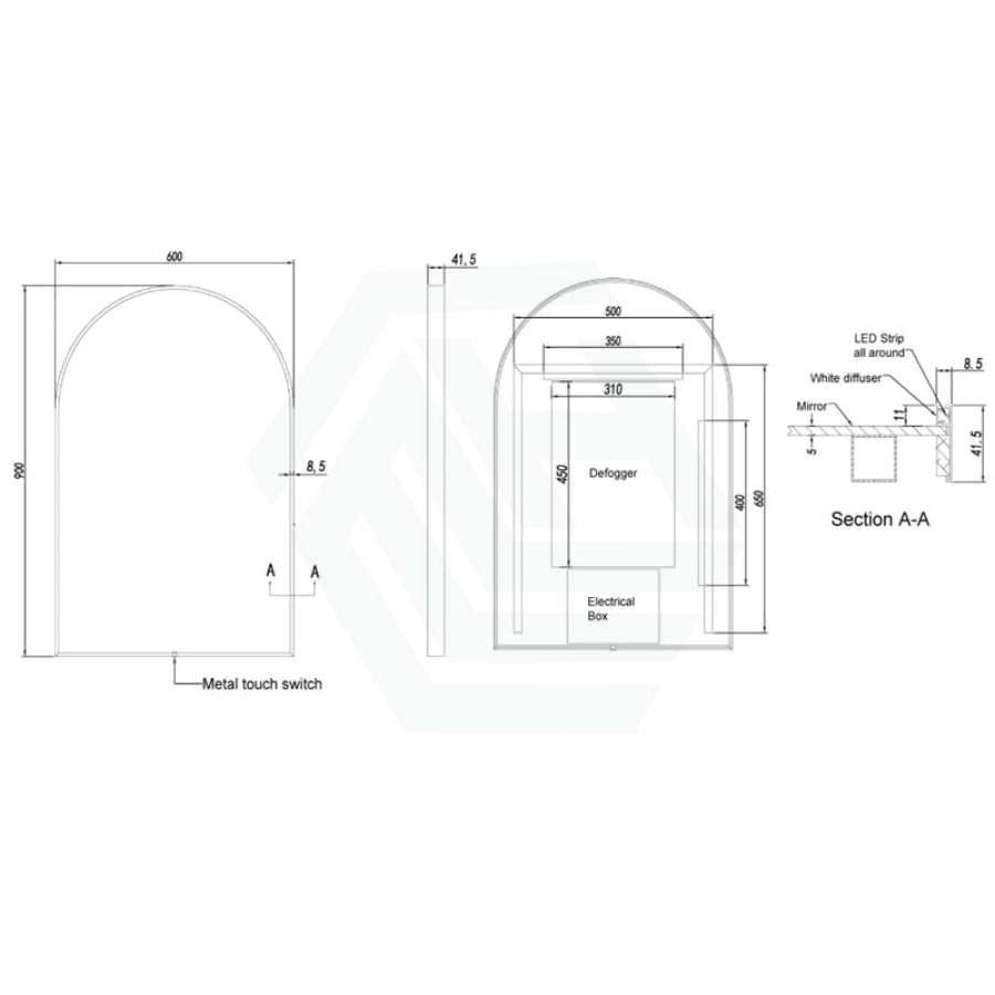 M#1(Gunmetal Grey) 600X900Mm Arch Led Gun Metal Framed Mirror Touch Switch Vertical Or Horizontal