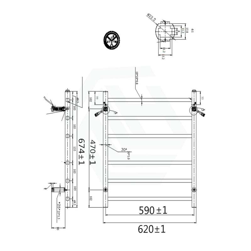 674X620X120Mm Square Chrome Electric Heated Towel Rack 6 Bars