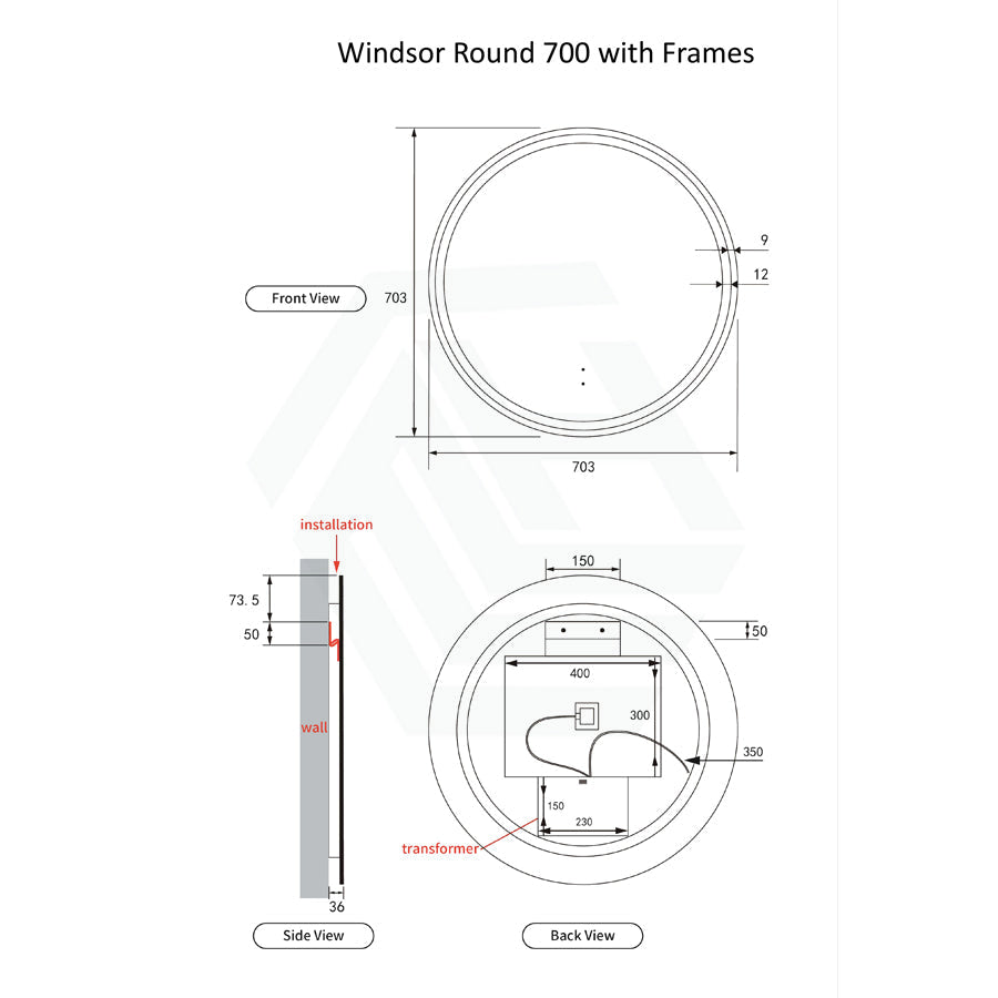 M#1(Gunmetal Grey) 700/900Mm Aulic Windsor Round Led Mirror Gun Metal Framed Touchless Backlit