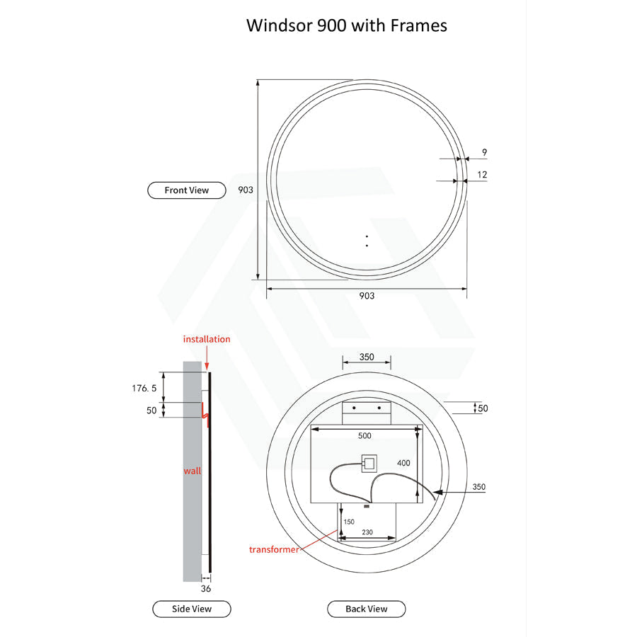 M#1(Gunmetal Grey) 700/900Mm Aulic Windsor Round Led Mirror Gun Metal Framed Touchless Backlit