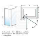 G#1(Gold) 850 - 1150X2000Mm Semi - Frameless L Shape Shower Screen Pivot Door With Return Panel