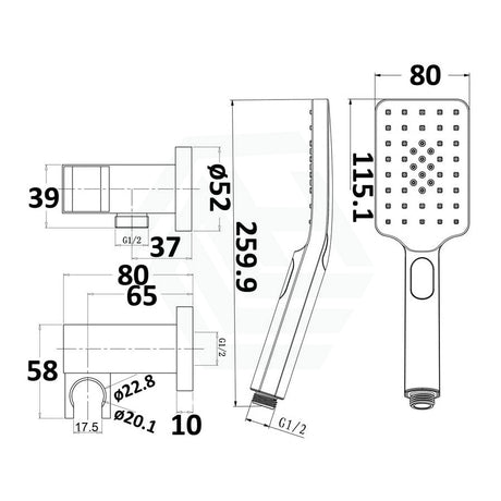 M#1(Gunmetal Grey) Eden Square Gunmetal Grey 3 Functions Handheld Shower With Wall Bracket Set Rail