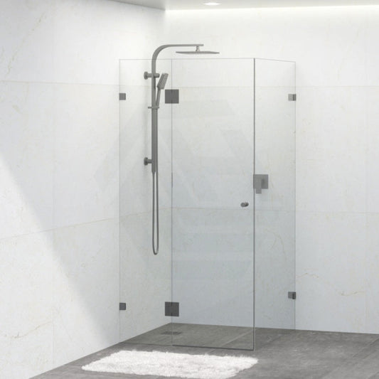 Tempered Glass Frameless Shower Screen L Shape Pivot 800-1200mm Gunmetal Grey