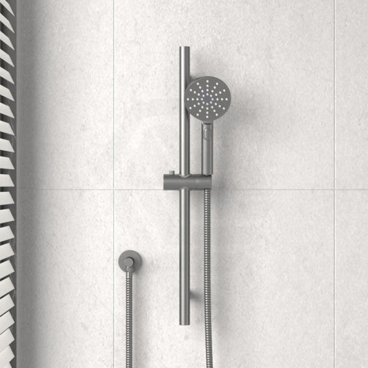 M#1(Gunmetal Grey) Norico Round Brushed Gunmetal Grey Shower Rail With 3 Mode Handheld Set