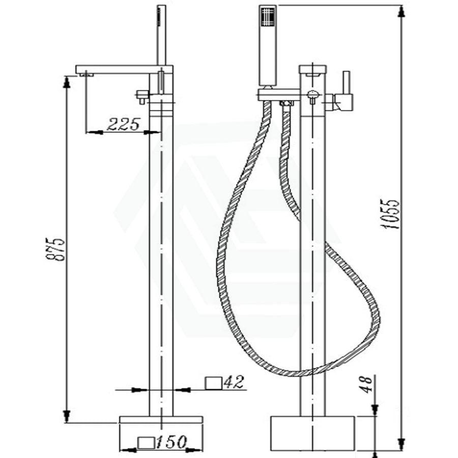 Square Floor Mounted Bath Mixers Handheld Solid Brass Gunmetal Grey