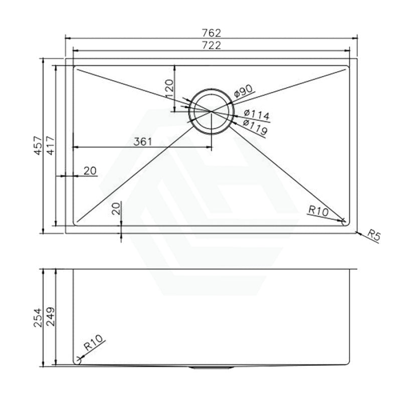 762X457X254Mm Brushed Gunmetal / Black Pvd Single Bowl Kitchen Sink Top/undermount