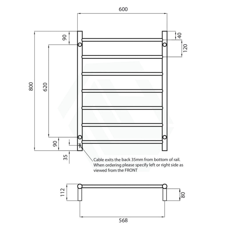 Radiant Gun Metal Grey Heated Round Ladder Towel Rail 600 X 800Mm 7 Bars Bottom Left Rails