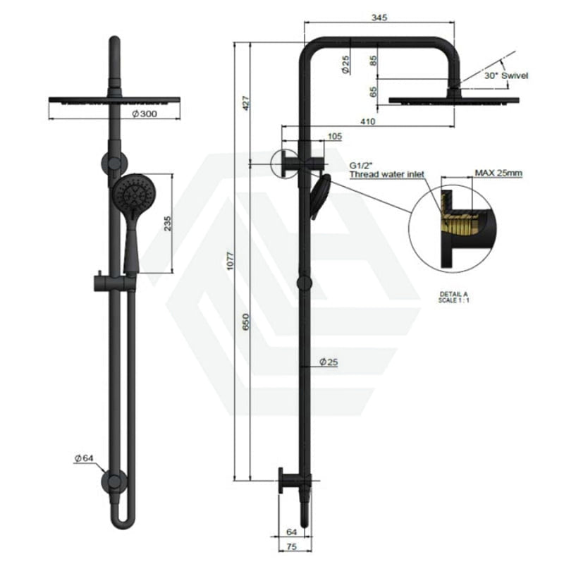 Meir 300Mm Round Matte Black Twin Shower Station Universal Water Inlet 3 Functions Handheld Showers