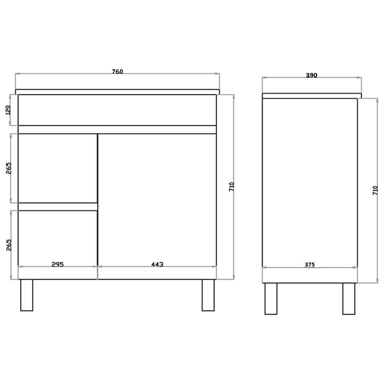 750mm Narrow Polyurethane White MDF Bathroom Freestanding Vanity Cabinet ONLY Left  Drawers & Ceramic Top Available