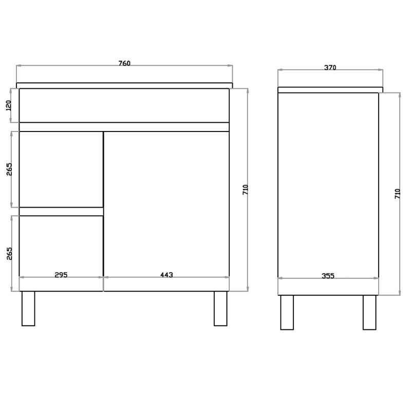 750mm Narrow Polyurethane White MDF Bathroom Freestanding Vanity Cabinet ONLY Left  Drawers & Ceramic Top Available