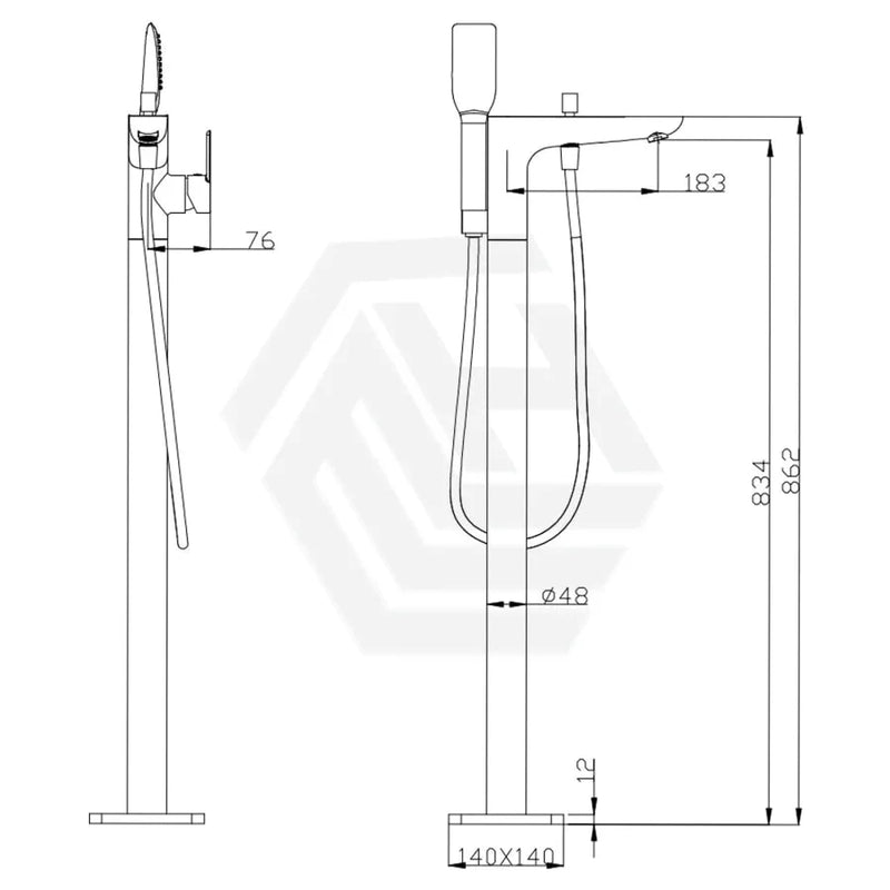 Chrome Floor Mounted Bath Mixer Spout & Handheld Brass Square Mixers