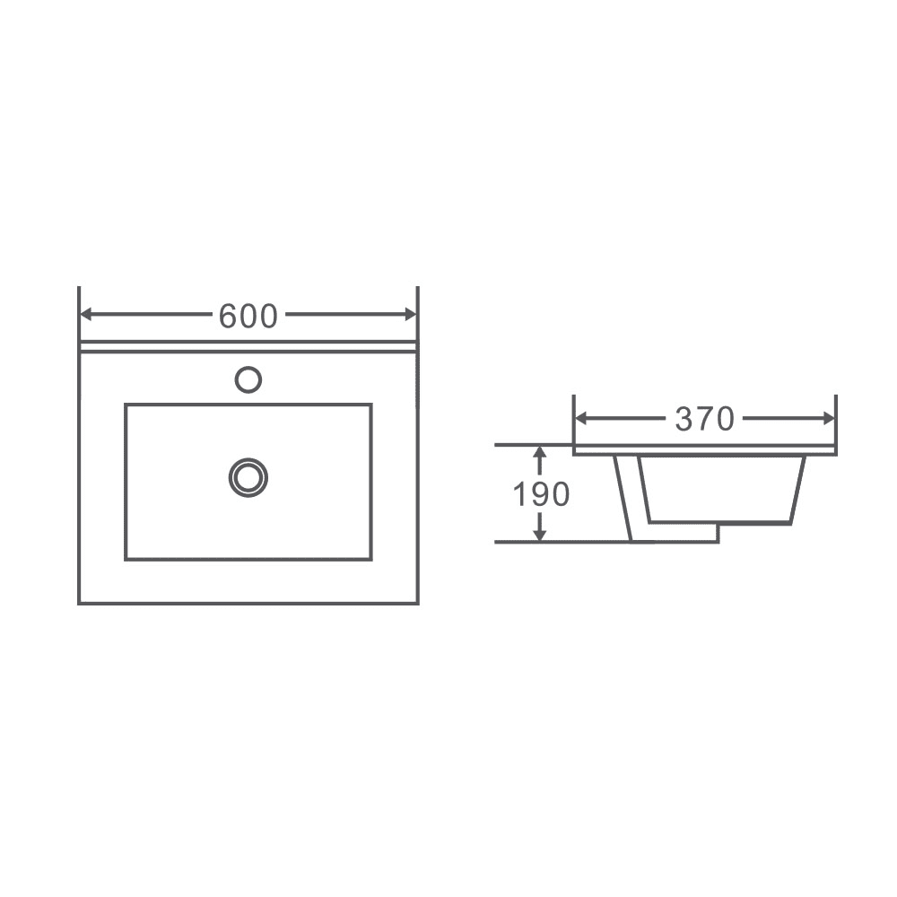 600x370x190mm Slim Ceramic Top for Bathroom Vanity Single Bowl Gloss White Narrow