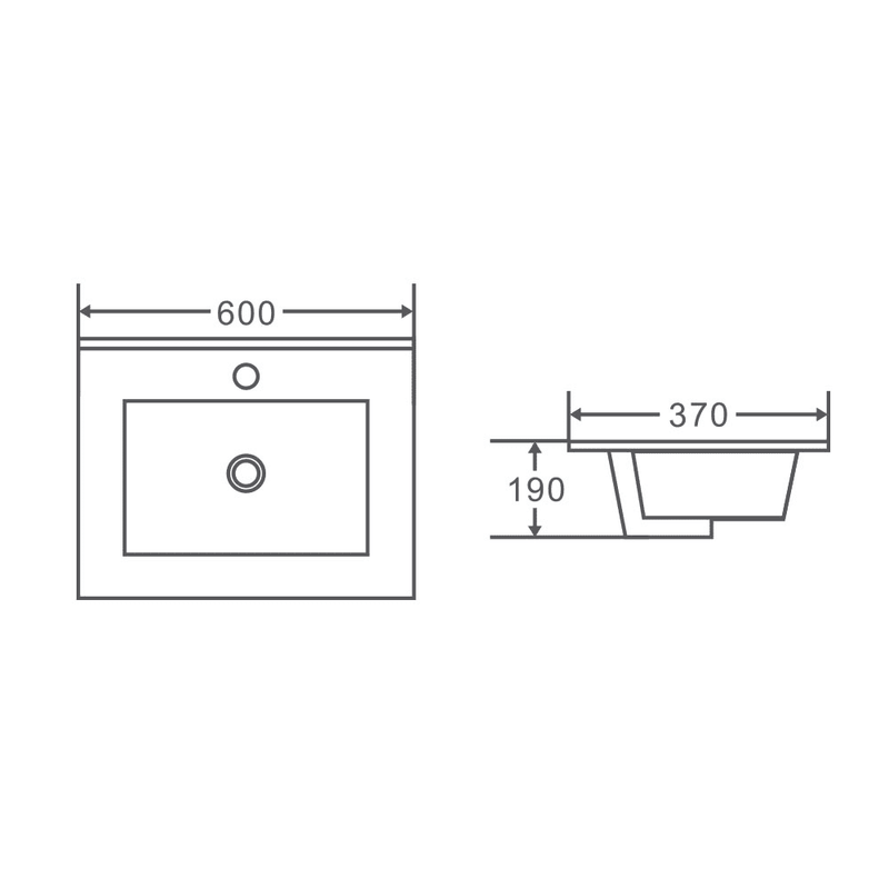 600x370x190mm Slim Ceramic Top for Bathroom Vanity Single Bowl Gloss White Narrow