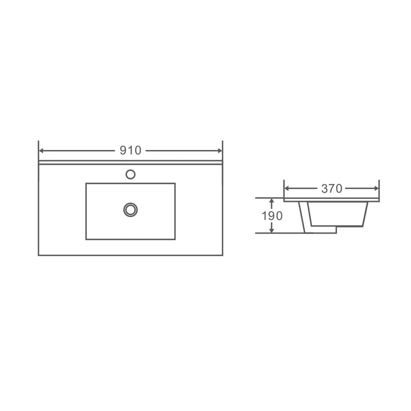 910x370x190mm Slim Ceramic Top for Bathroom Vanity Single Bowl Gloss White Narrow