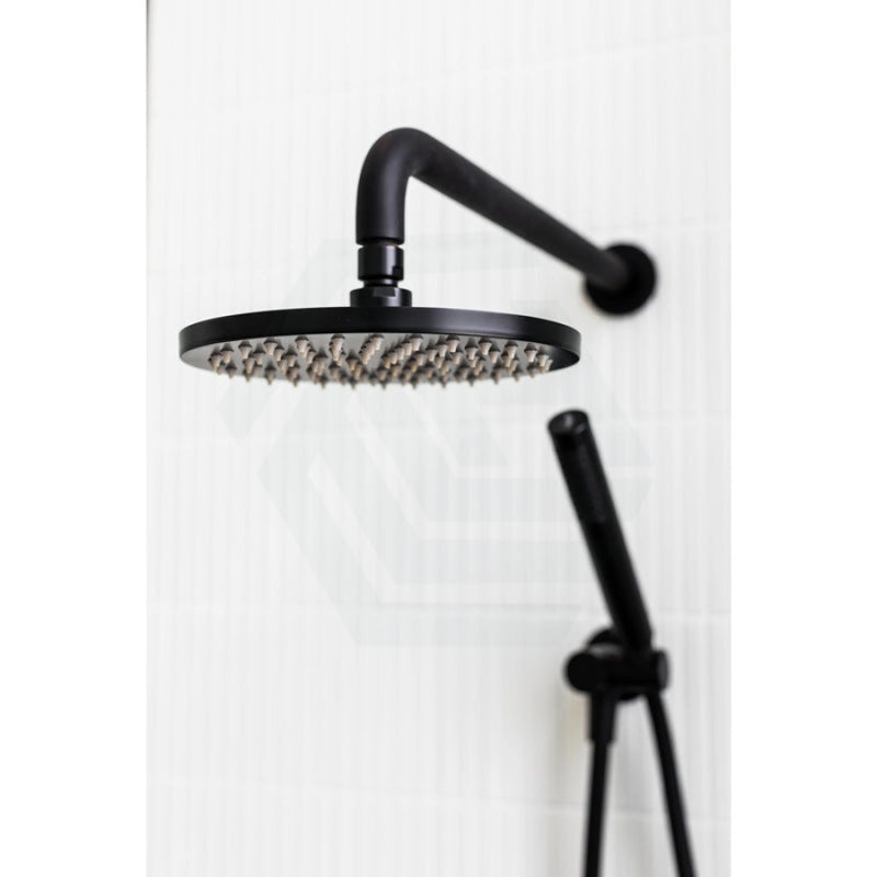 Meir 400Mm Round Wall Mounted Shower Curved Arm Matt Black Solid Brass Arms