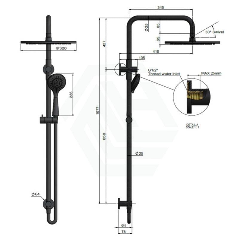 Meir 300Mm Round Matte Black Twin Shower Station Universal Water Inlet 3 Functions Handheld Showers