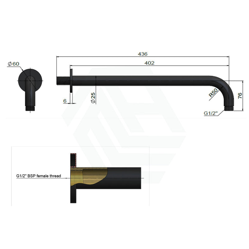 Meir 400Mm Round Wall Mounted Shower Curved Arm Champagne Solid Brass Arms