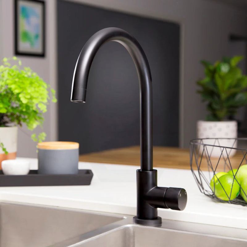 Round Gooseneck Kitchen Mixer Tap With Pinless Handle Matte Black Swivel Sink Mixers