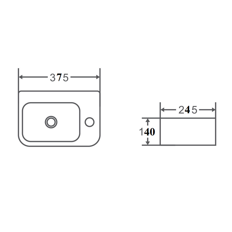 375X255X125Mm Mini Rectangle Gloss White Wall Hung Ceramic Basin Left Or Right Tap Hole Available