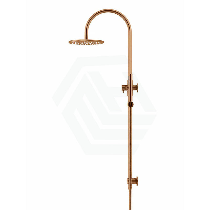 Meir 200Mm Round Gooseneck Twin Shower Station Universal Water Inlet Pvd Lustre Bronze Showers