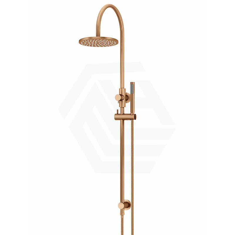 Meir 200Mm Round Gooseneck Twin Shower Station Universal Water Inlet Pvd Lustre Bronze Showers