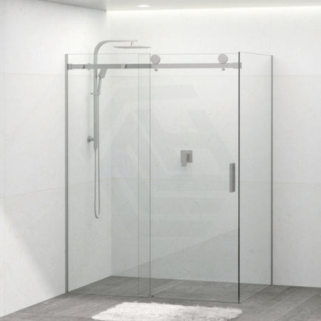 Tempered Glass Frameless L Shape Shower Screen Sliding Square Handle Brushed Nickel