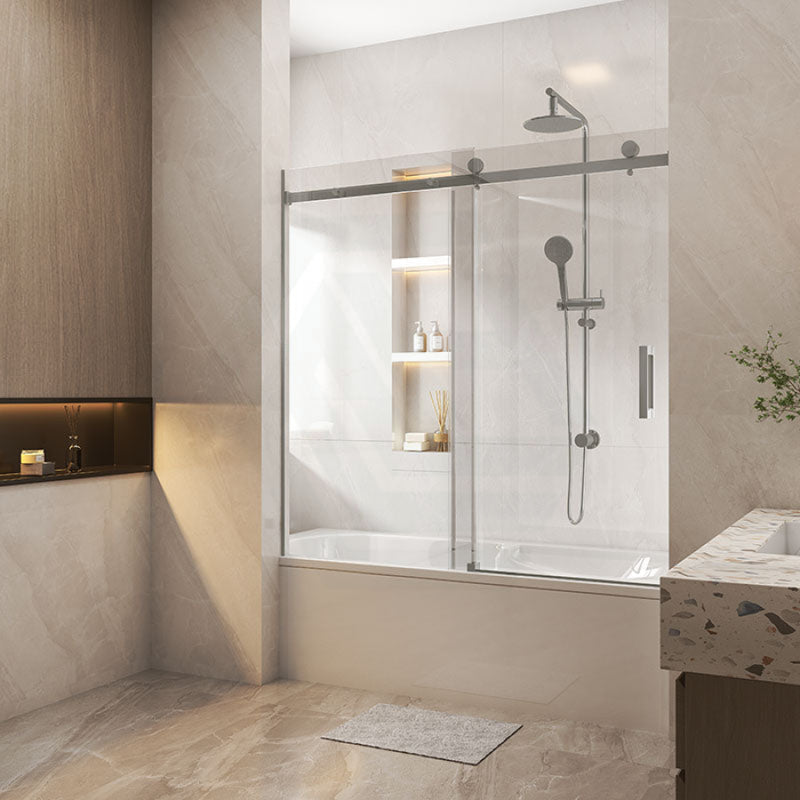 1450-1800X1600Mm Bathtub Sliding Shower Screen Wall To Frameless Square Handle Brushed Nickel