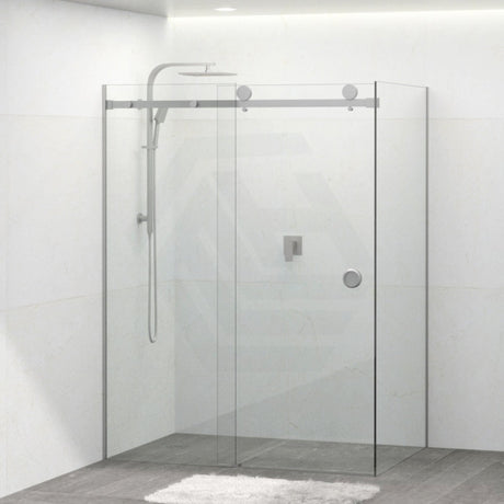 Tempered Glass Frameless L Shape Shower Screen Sliding Round Handle Brushed Nickel