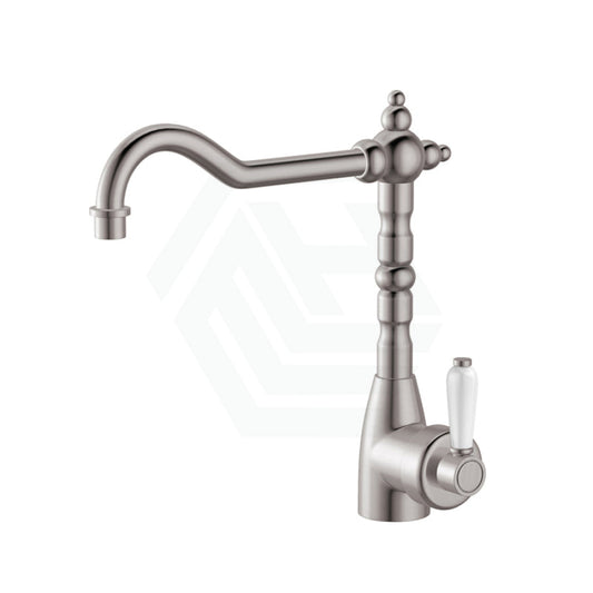 N#1(Nickel) Fienza Eleanor Shepherds Crook Sink Mixer Brushed Nickel / Ceramic Swivel Mixers