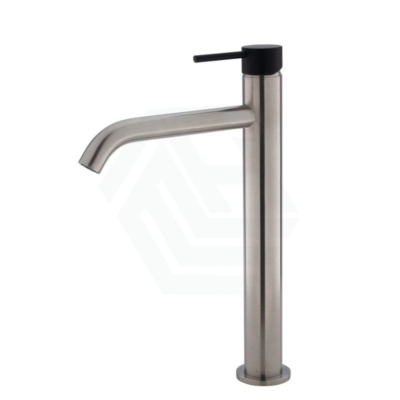 Fienza Kaya Brushed Nickel Tall Basin Mixer with Matte Black Handle