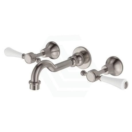 N#1(Nickel) Fienza Lillian Lever Basin/Bath Wall Set Brushed Nickel White Ceramic Bath/Basin Tap