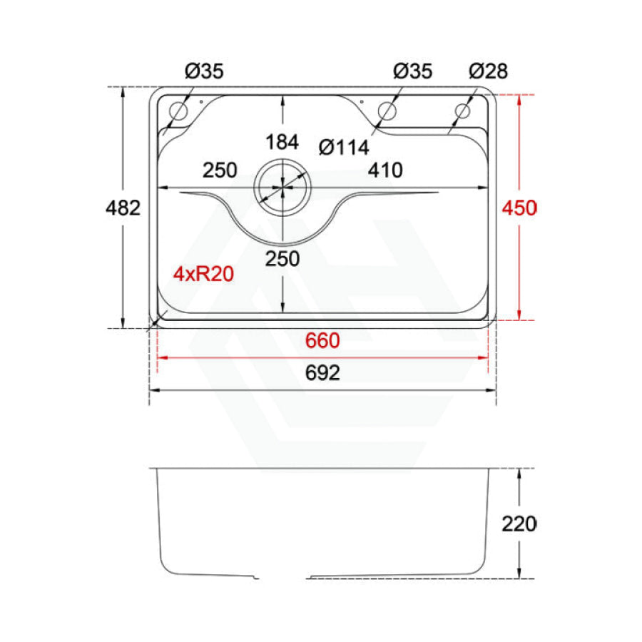 Osons 692X482X220Mm Single Bowl Top/Flush/Undermount Kitchen Sink 1Mm Thick Stainless Steel Sinks