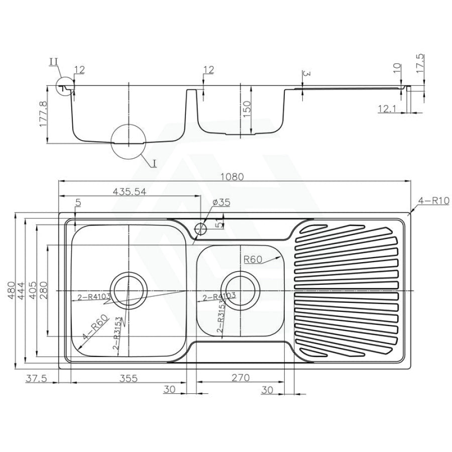 Otus 1080X480X178Mm 1&3/4 Bowl Stainless Steel Kitchen Sink Single Drainer Left Right Available