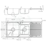 Otus 1080X480X178Mm 1&3/4 Bowl Stainless Steel Kitchen Sink Single Drainer Left Right Available