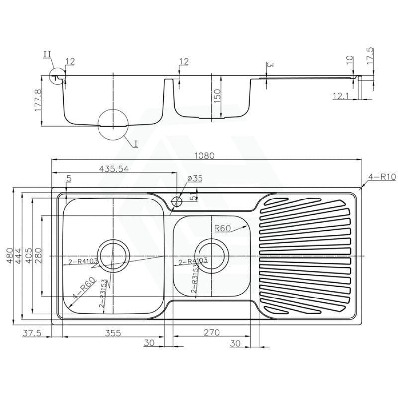 Otus 1080X480X178Mm 1&3/4 Bowl Stainless Steel Kitchen Sink Single Drainer Left Right Available