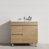 600-1500mm Berge Freestanding Bathroom Floor Vanity White Oak Wood Grain PVC Filmed Cabinet ONLY & Ceramic/Poly Top Available