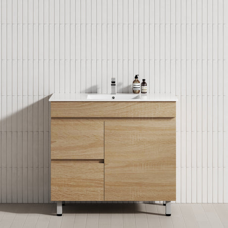 600-1500mm Berge Freestanding Bathroom Floor Vanity White Oak Wood Grain PVC Filmed Cabinet ONLY & Ceramic/Poly Top Available