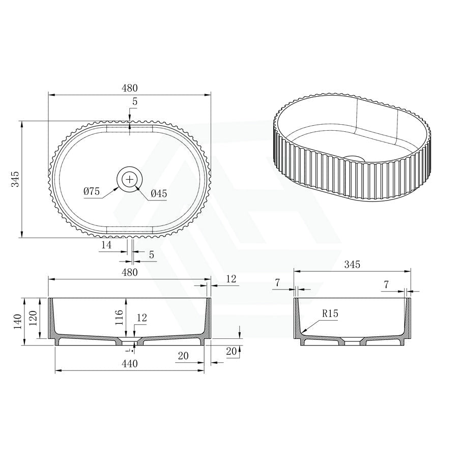 480X345X140Mm Ally Groove Fluted Oval Above Counter Art Stone Basin Matt White/Gloss White/Matt