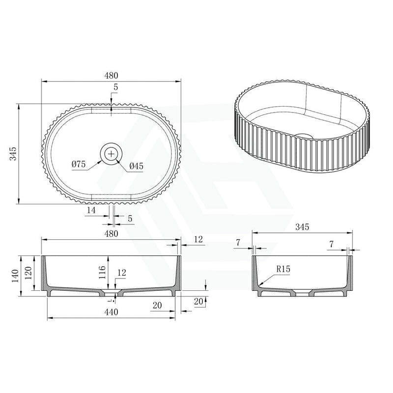 480X345X140Mm Ally Groove Fluted Oval Above Counter Art Stone Basin Matt White/Gloss White/Matt