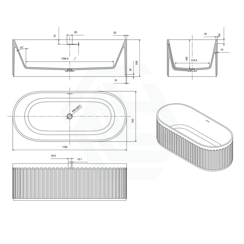 1700Mm Ceto Cascade Solid Surface Stone Freestanding Bathtub With Overflow Matt White/Matt Black